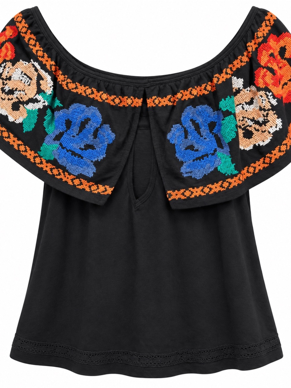 Black Off-Shoulder Embroidered Floral Crop Top